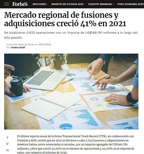 Mercado regional de fusiones y adquisiciones creció 41% en 2021